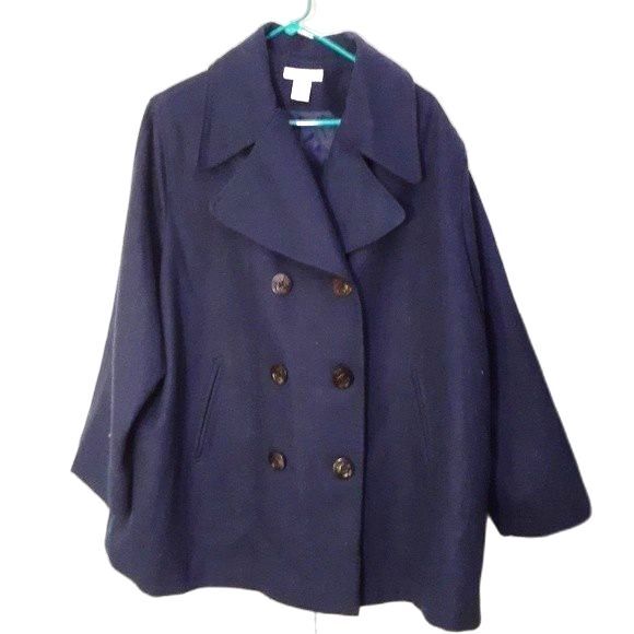 Jessica London classic navy blue double-breasted wool pea coat jacket 20p 22p - Picture 1 of 6